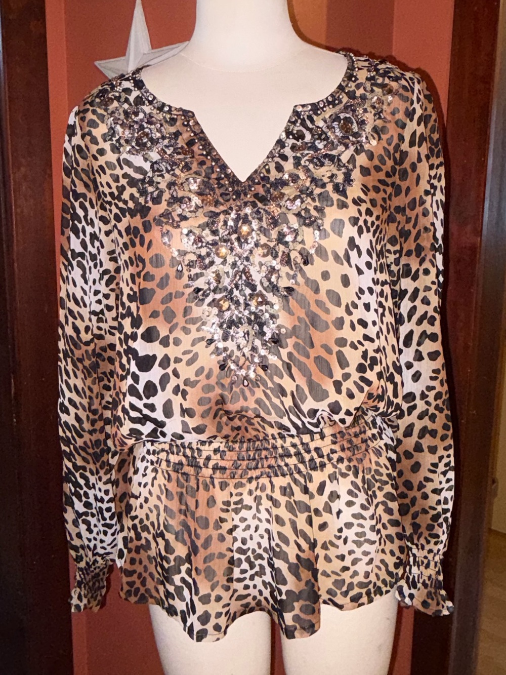 Leopard Print Mesh Sequin Embellished V-Neck Blouse